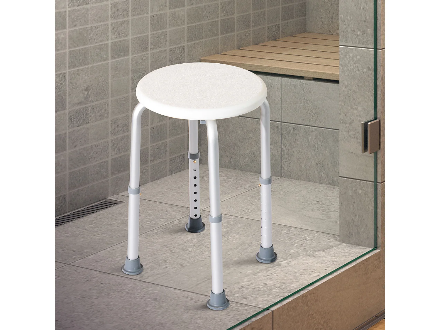 Tabouret de douche réglable en hauteur siège de douche ergonomique pieds antidérapants charge max. 136 Kg alu HDPE blanc