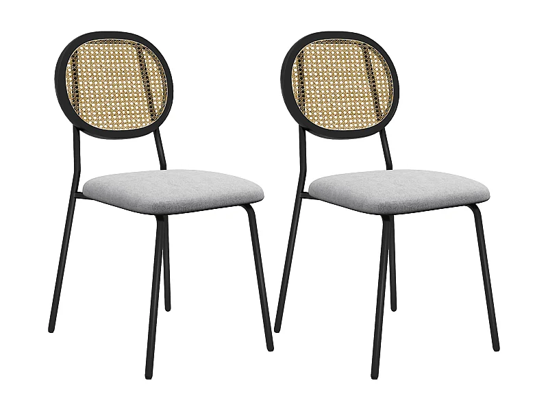 Lot de 2 chaises style vintage piètement structure acier noir dossier ovale aspect rotin assise tissu gris