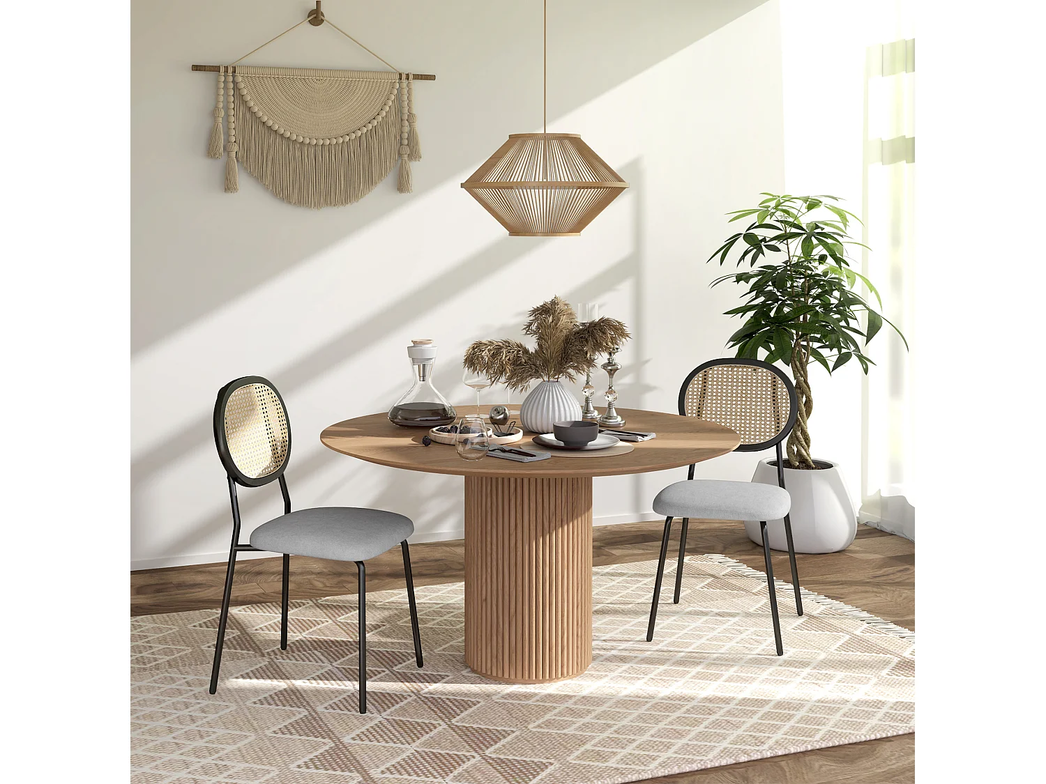 Lot de 2 chaises style vintage piètement structure acier noir dossier ovale aspect rotin assise tissu gris