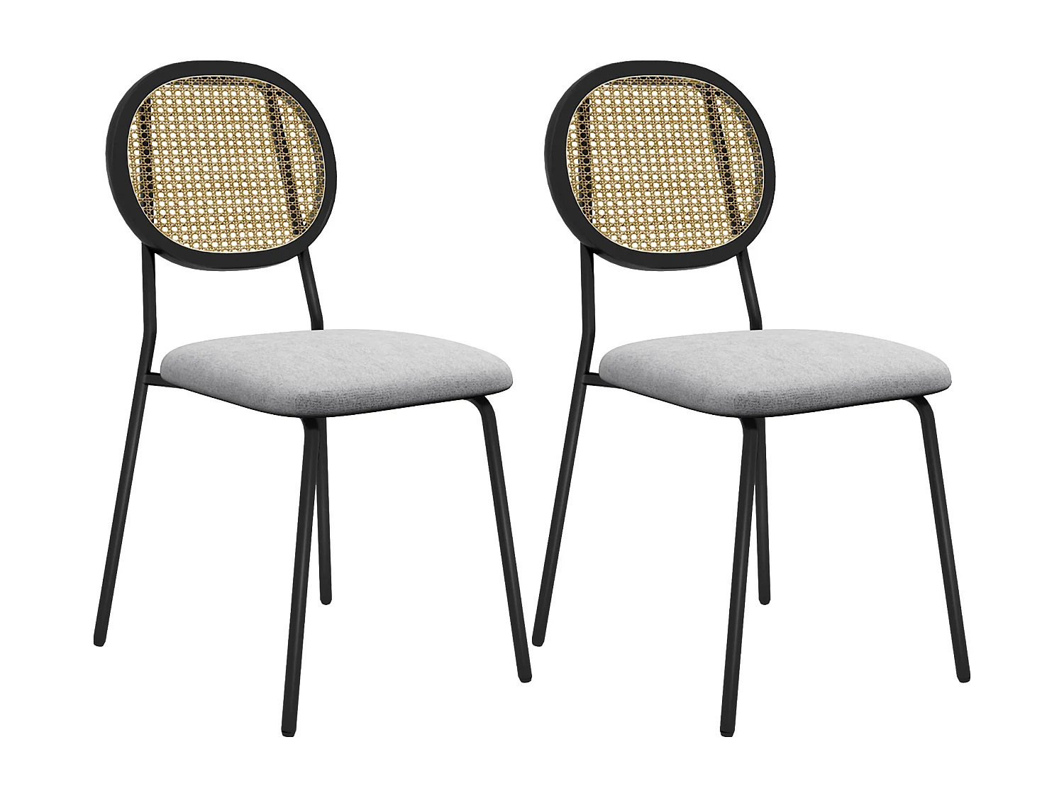 Lot de 2 chaises style vintage piètement structure acier noir dossier ovale aspect rotin assise tissu gris