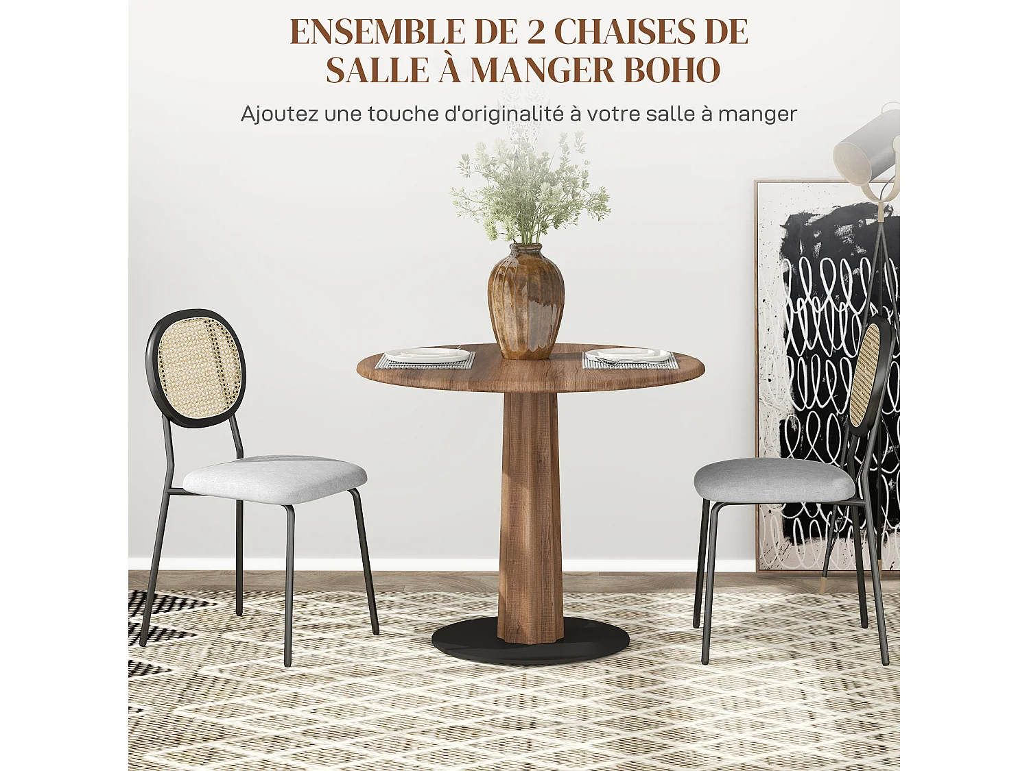 Lot de 2 chaises style vintage piètement structure acier noir dossier ovale aspect rotin assise tissu gris