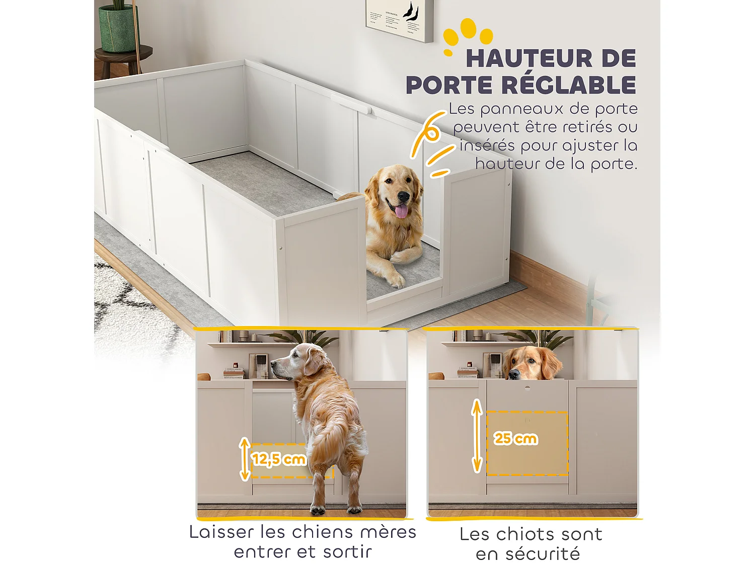 Parc de mise bas pour chien - caisse de mise bas pour chien - hauteur porte réglable - bois pin MDF blanc