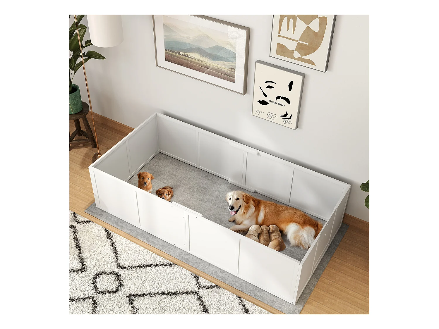 Parc de mise bas pour chien - caisse de mise bas pour chien - hauteur porte réglable - bois pin MDF blanc