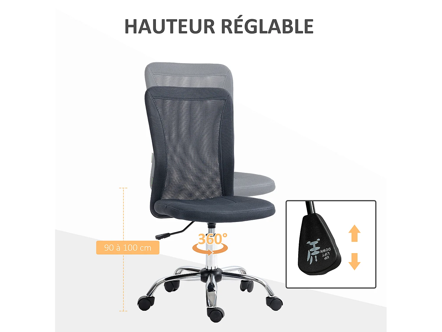 Vinsetto Chaise de bureau ergonomique hauteur réglable piètement chromé pivotant 360° revêtement gris foncé