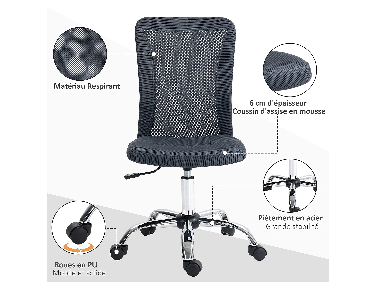 Vinsetto Chaise de bureau ergonomique hauteur réglable piètement chromé pivotant 360° revêtement gris foncé