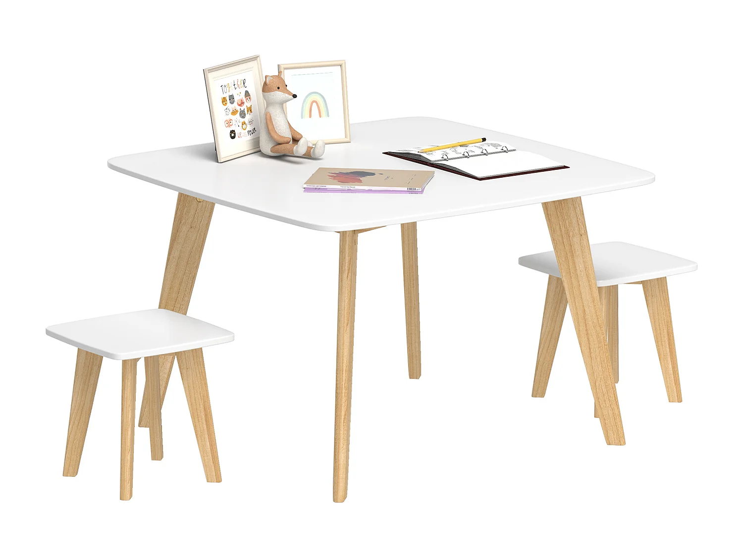 Ensemble table 2 tabourets enfant design scandinave - 3 pièces - piètement effilé bois MDF blanc