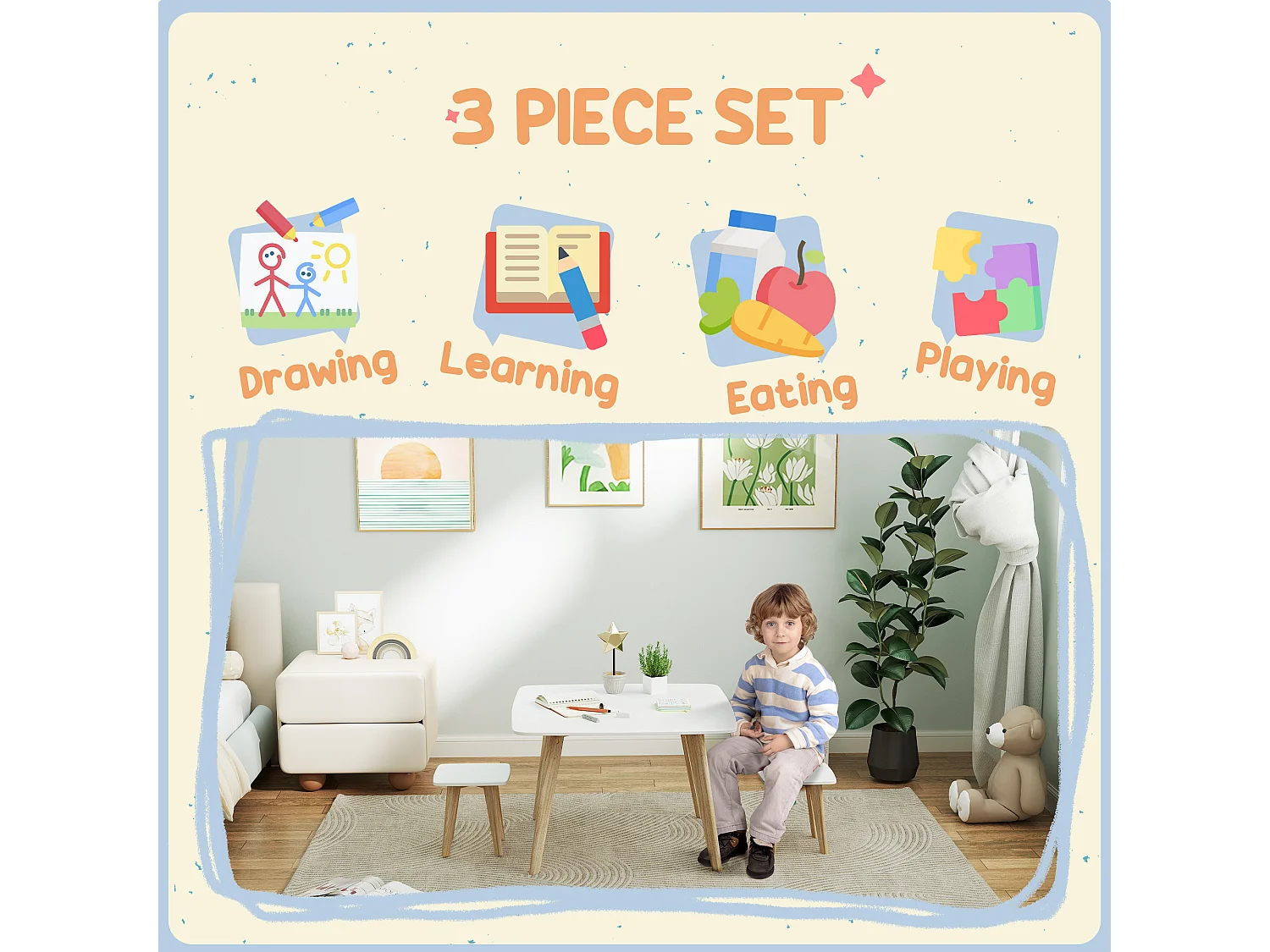 Ensemble table 2 tabourets enfant design scandinave - 3 pièces - piètement effilé bois MDF blanc