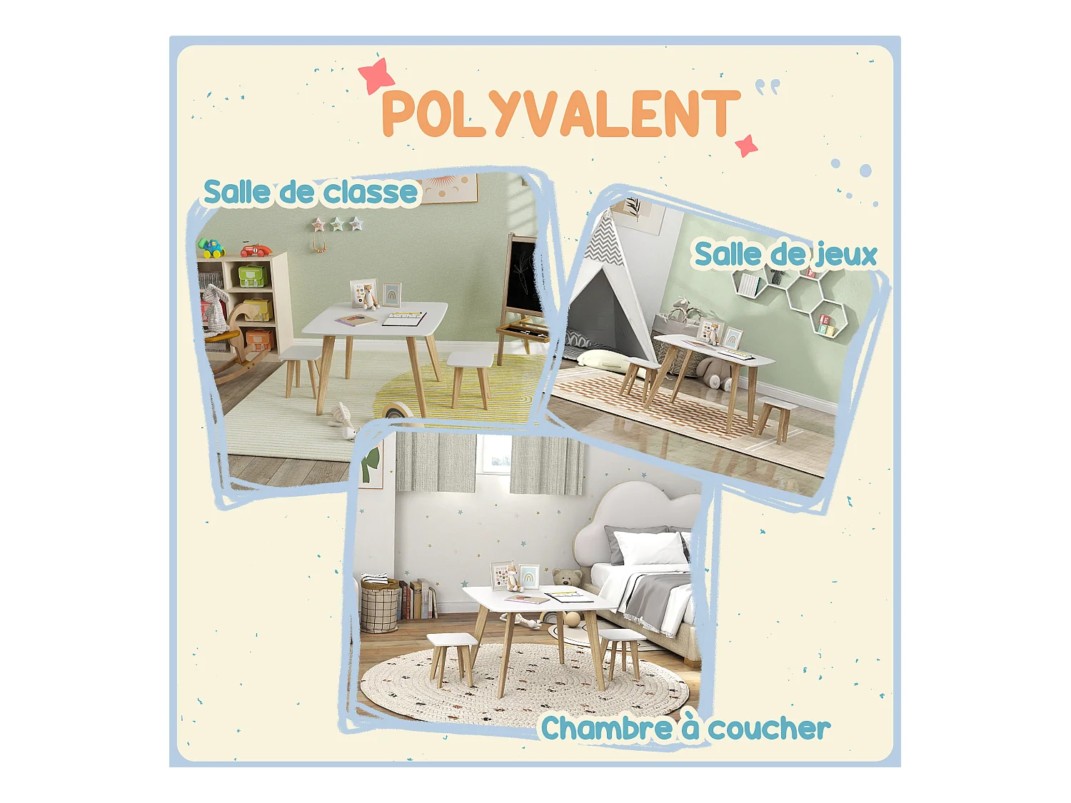 Ensemble table 2 tabourets enfant design scandinave - 3 pièces - piètement effilé bois MDF blanc