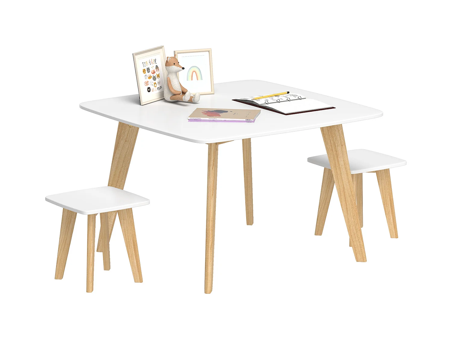 Ensemble table 2 tabourets enfant design scandinave - 3 pièces - piètement effilé bois MDF blanc