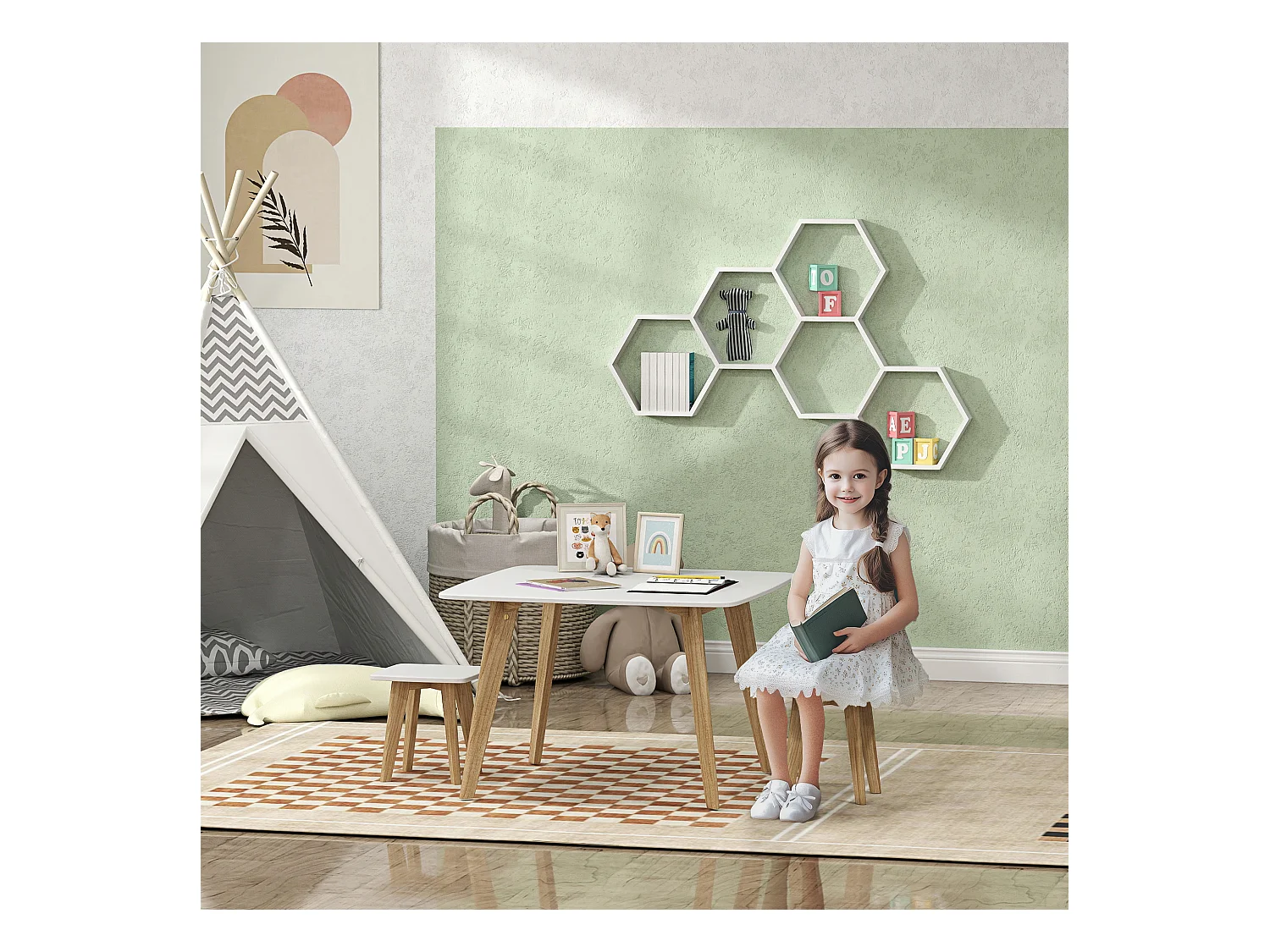 Ensemble table 2 tabourets enfant design scandinave - 3 pièces - piètement effilé bois MDF blanc