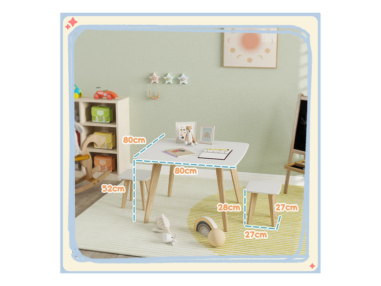 Ensemble table 2 tabourets enfant design scandinave - 3 pièces - piètement effilé bois MDF blanc