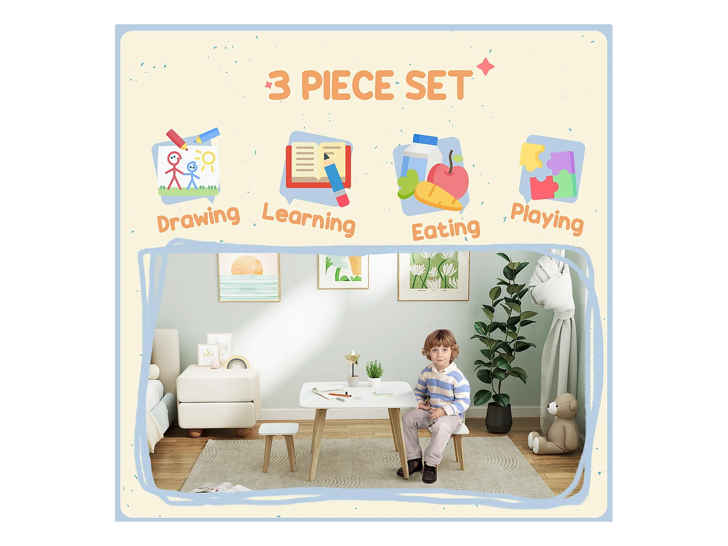 Ensemble table 2 tabourets enfant design scandinave - 3 pièces - piètement effilé bois MDF blanc