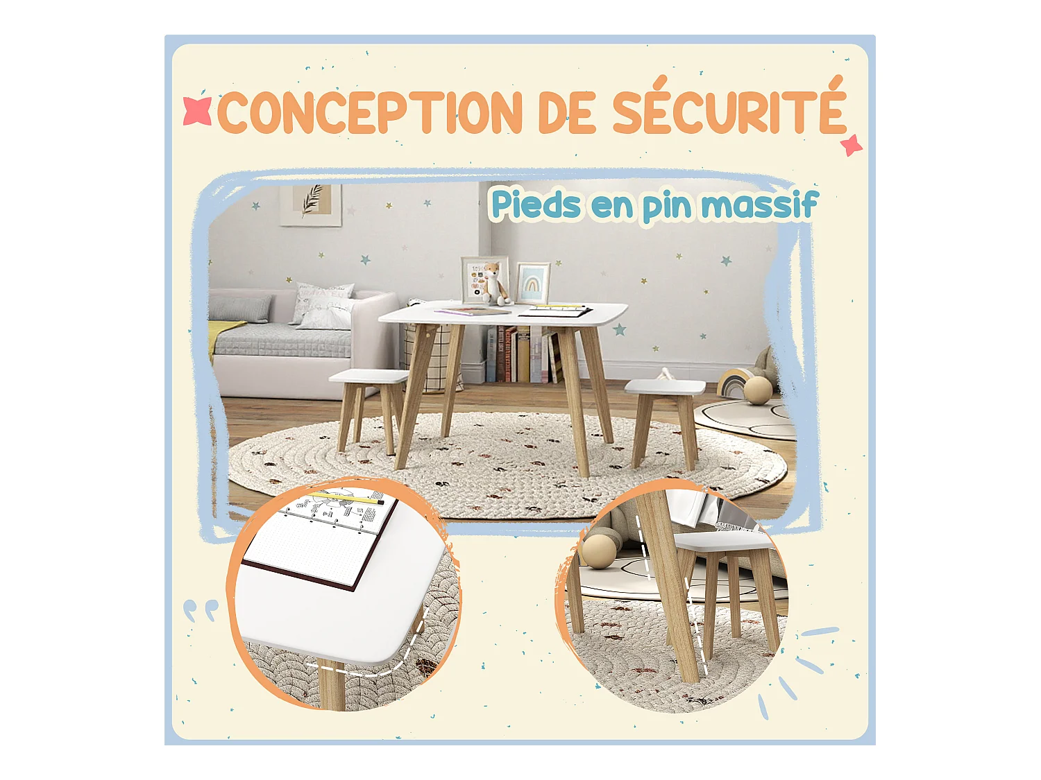 Ensemble table 2 tabourets enfant design scandinave - 3 pièces - piètement effilé bois MDF blanc