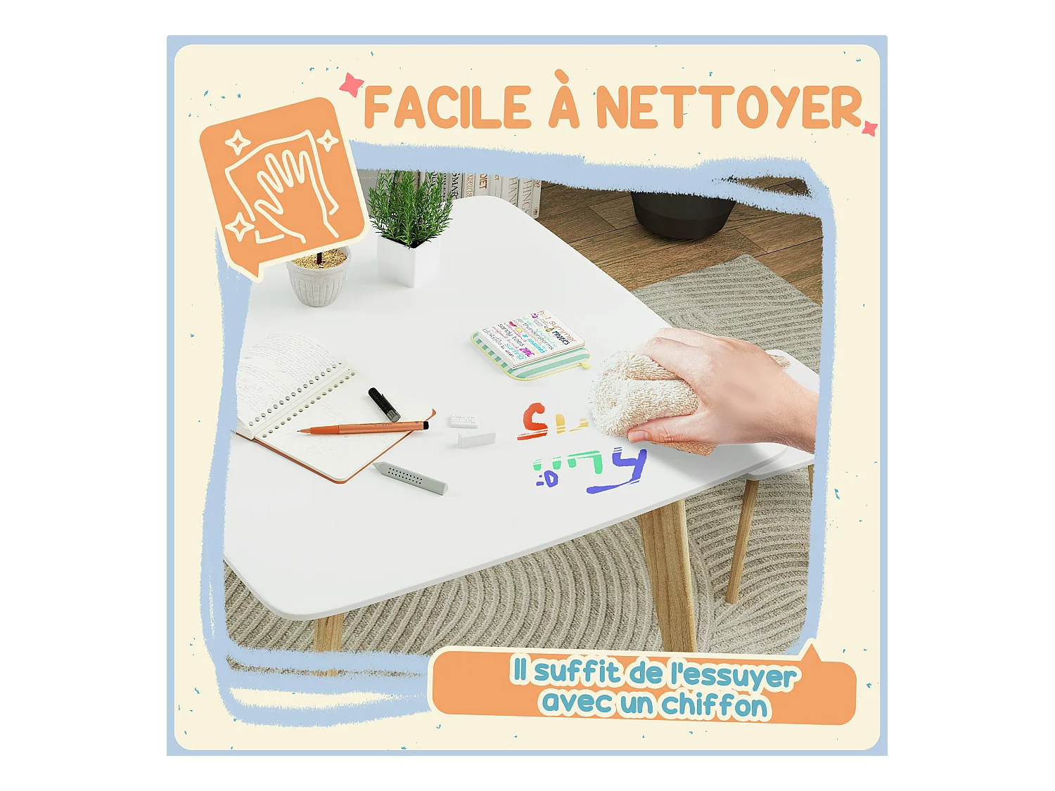 Ensemble table 2 tabourets enfant design scandinave - 3 pièces - piètement effilé bois MDF blanc