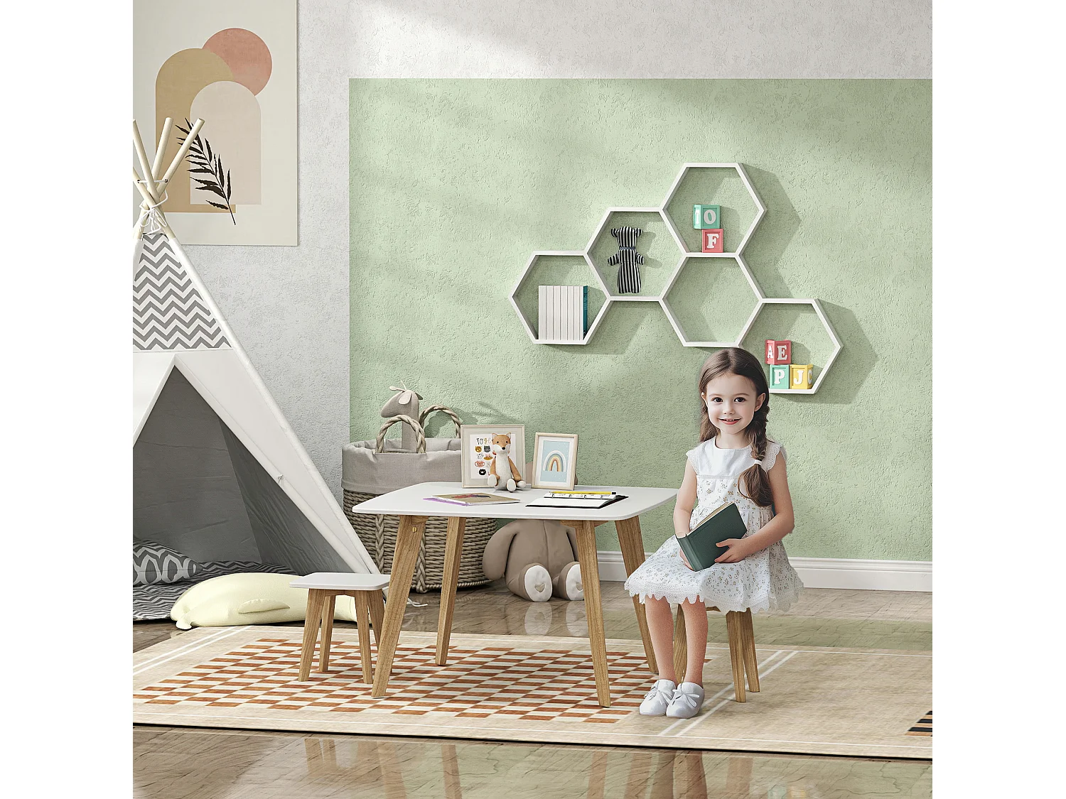 Ensemble table 2 tabourets enfant design scandinave - 3 pièces - piètement effilé bois MDF blanc