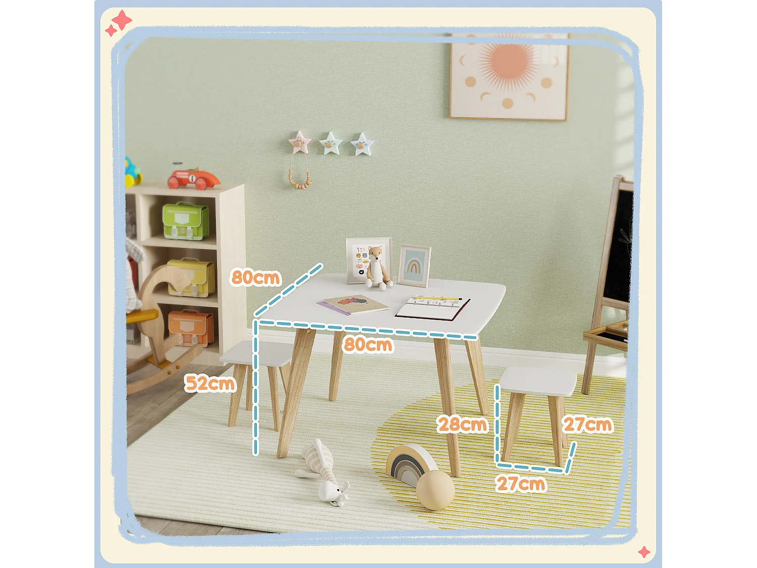 Ensemble table 2 tabourets enfant design scandinave - 3 pièces - piètement effilé bois MDF blanc