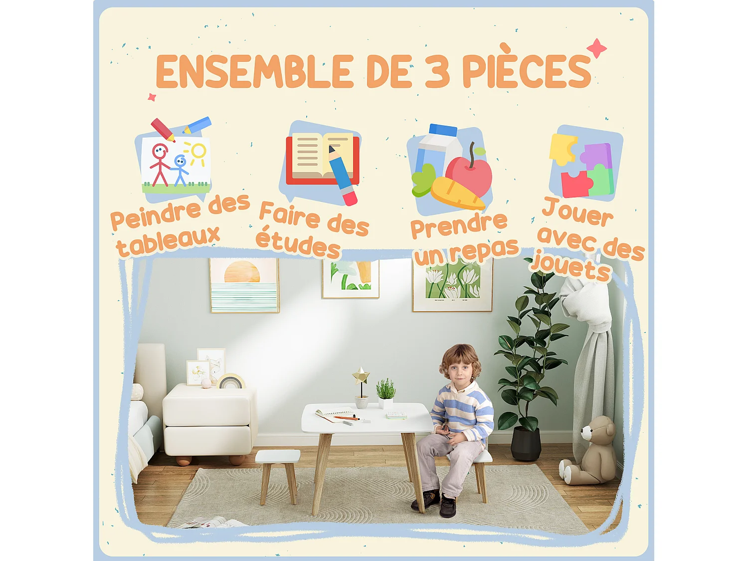 Ensemble table 2 tabourets enfant design scandinave - 3 pièces - piètement effilé bois MDF blanc