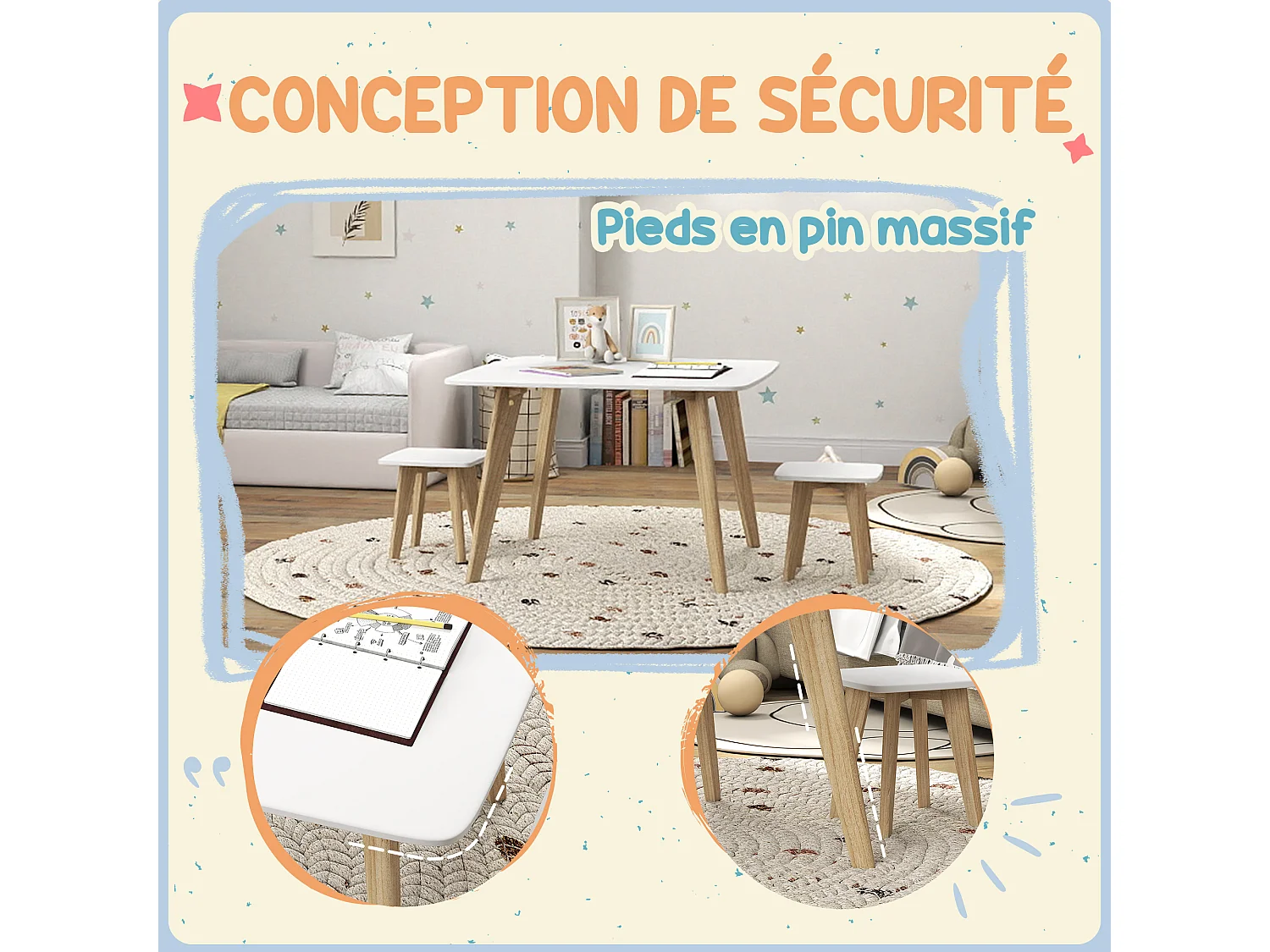 Ensemble table 2 tabourets enfant design scandinave - 3 pièces - piètement effilé bois MDF blanc
