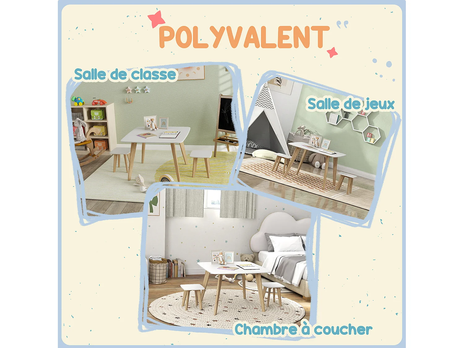 Ensemble table 2 tabourets enfant design scandinave - 3 pièces - piètement effilé bois MDF blanc