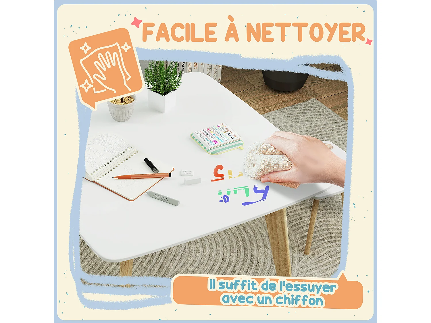 Ensemble table 2 tabourets enfant design scandinave - 3 pièces - piètement effilé bois MDF blanc