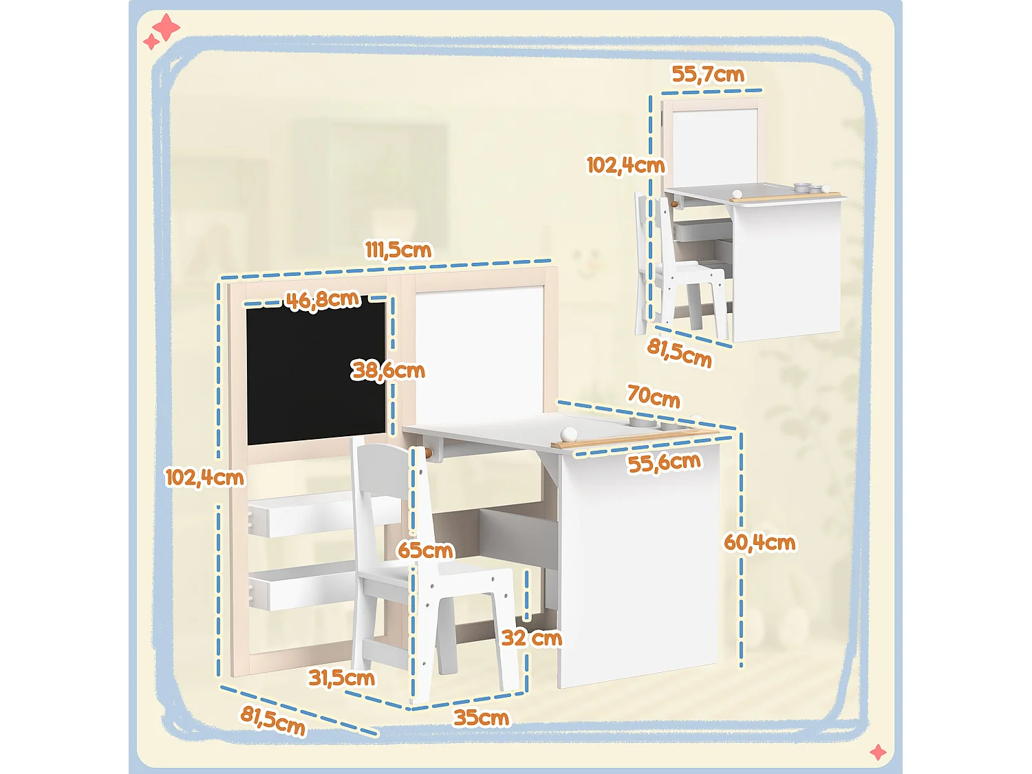 Ensemble table chaise tableaux pliables enfant multi-rangement MDF beige blanc