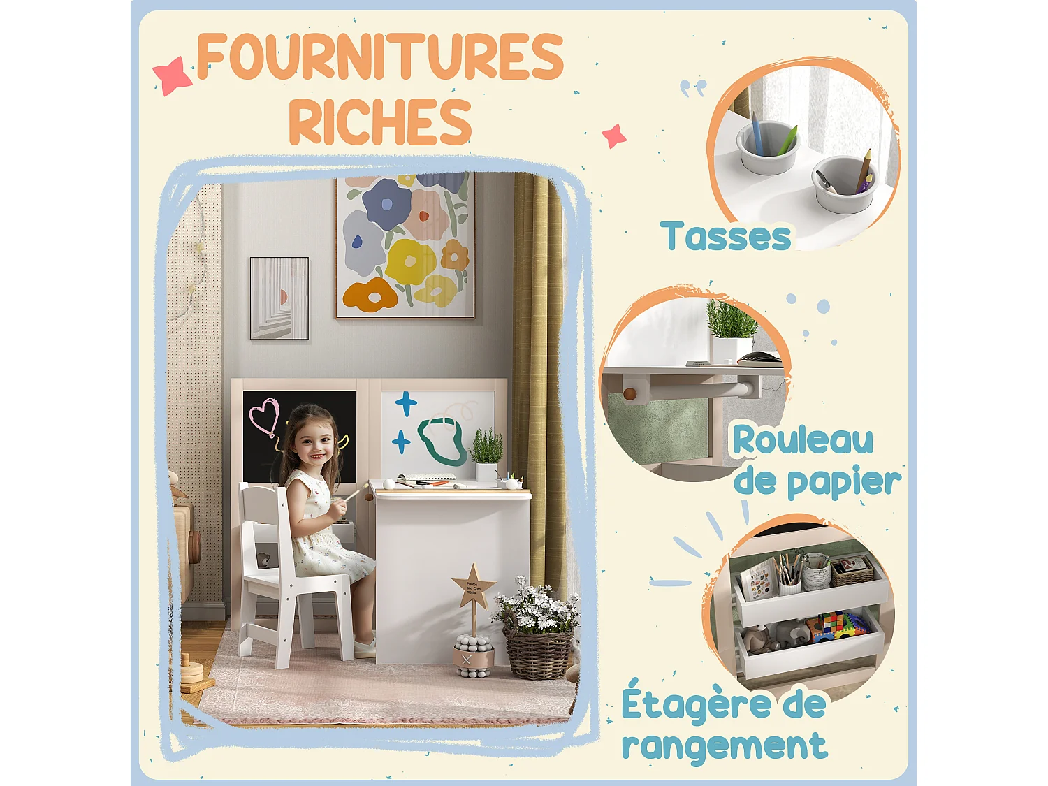 Ensemble table chaise tableaux pliables enfant multi-rangement MDF beige blanc
