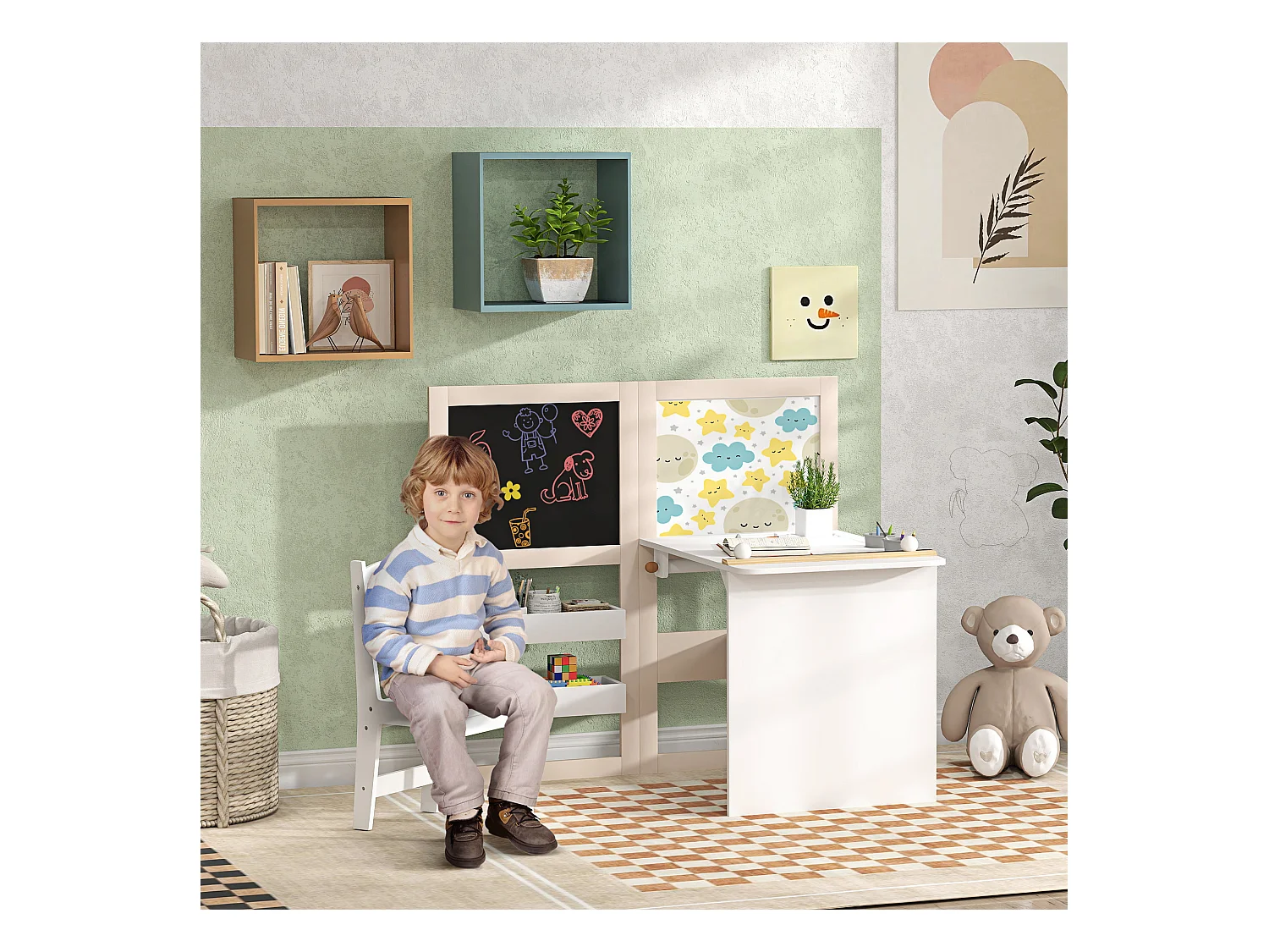 Ensemble table chaise tableaux pliables enfant multi-rangement MDF beige blanc
