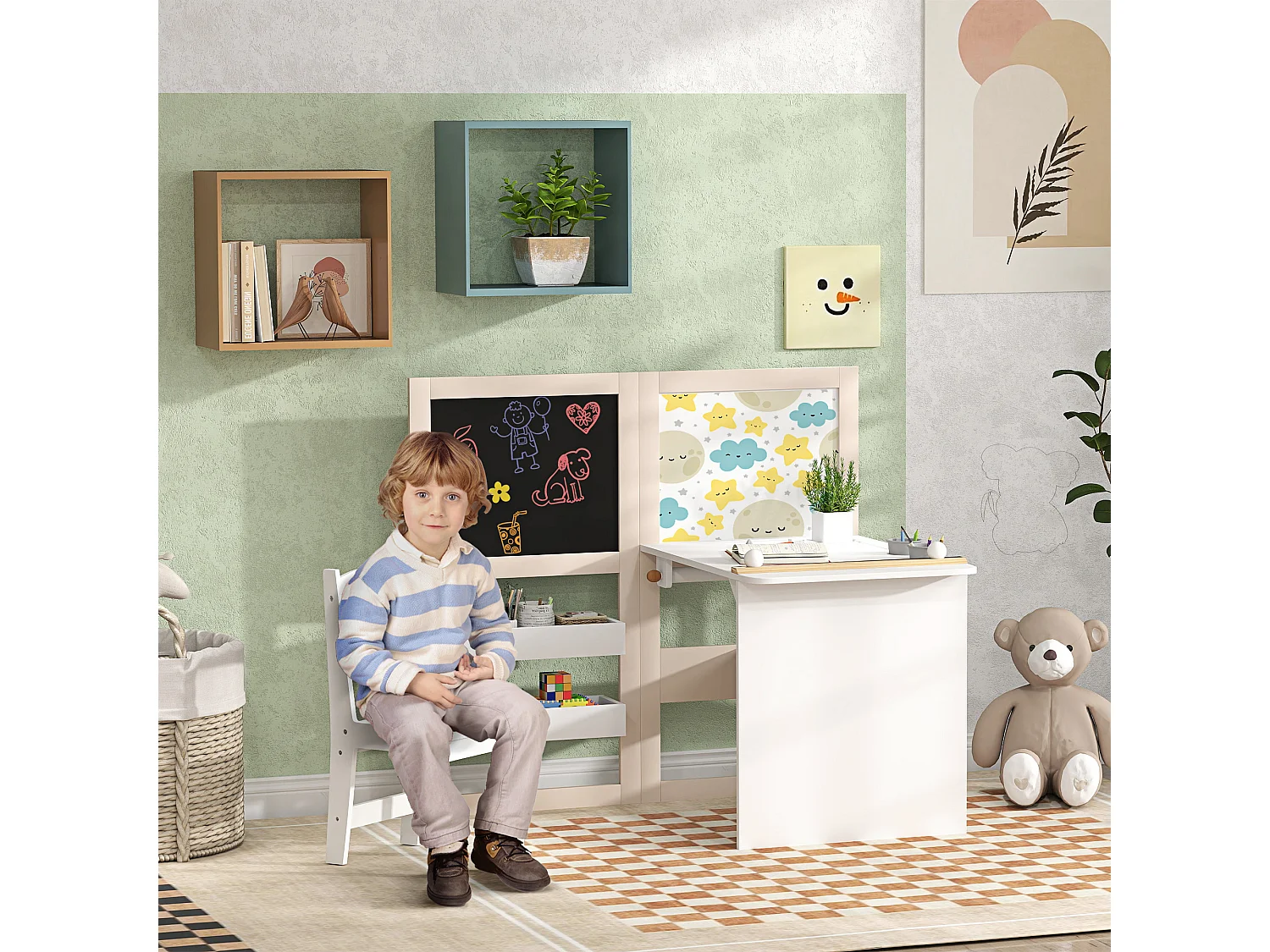 Ensemble table chaise tableaux pliables enfant multi-rangement MDF beige blanc