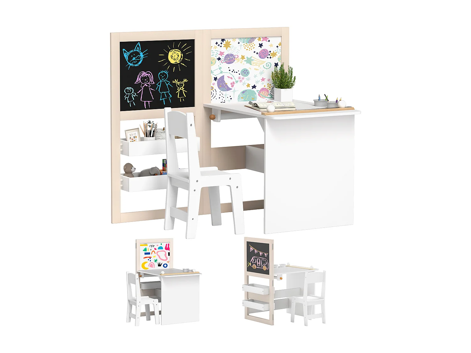 Ensemble table chaise tableaux pliables enfant multi-rangement MDF beige blanc