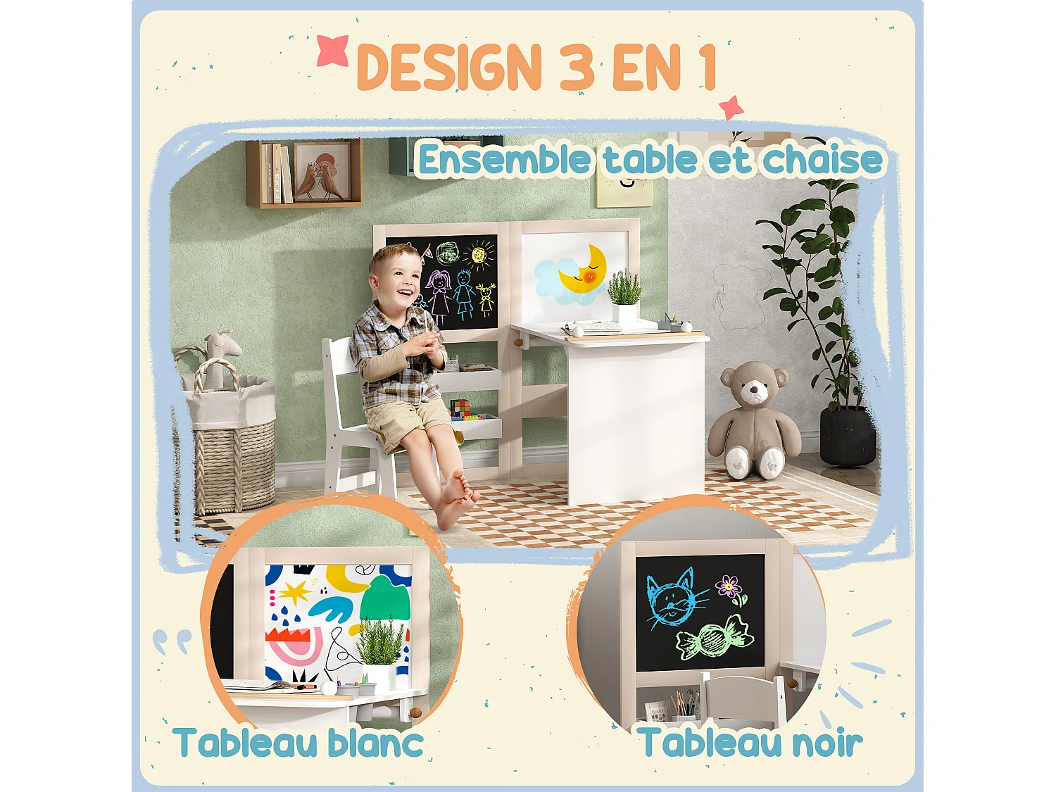 Ensemble table chaise tableaux pliables enfant multi-rangement MDF beige blanc