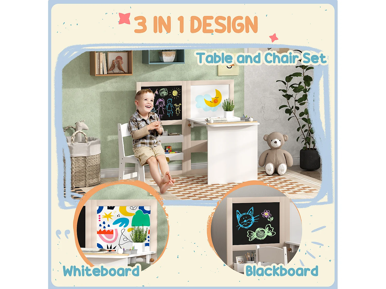 Ensemble table chaise tableaux pliables enfant multi-rangement MDF beige blanc