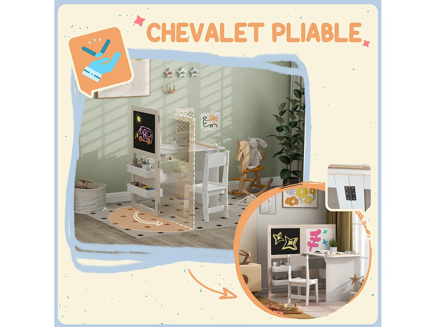 Ensemble table chaise tableaux pliables enfant multi-rangement MDF beige blanc