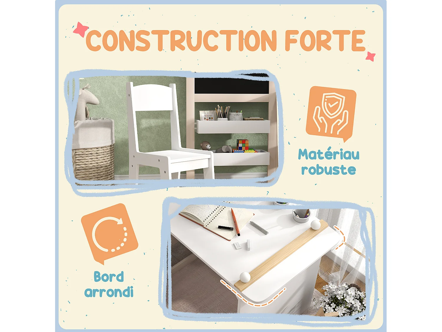 Ensemble table chaise tableaux pliables enfant multi-rangement MDF beige blanc