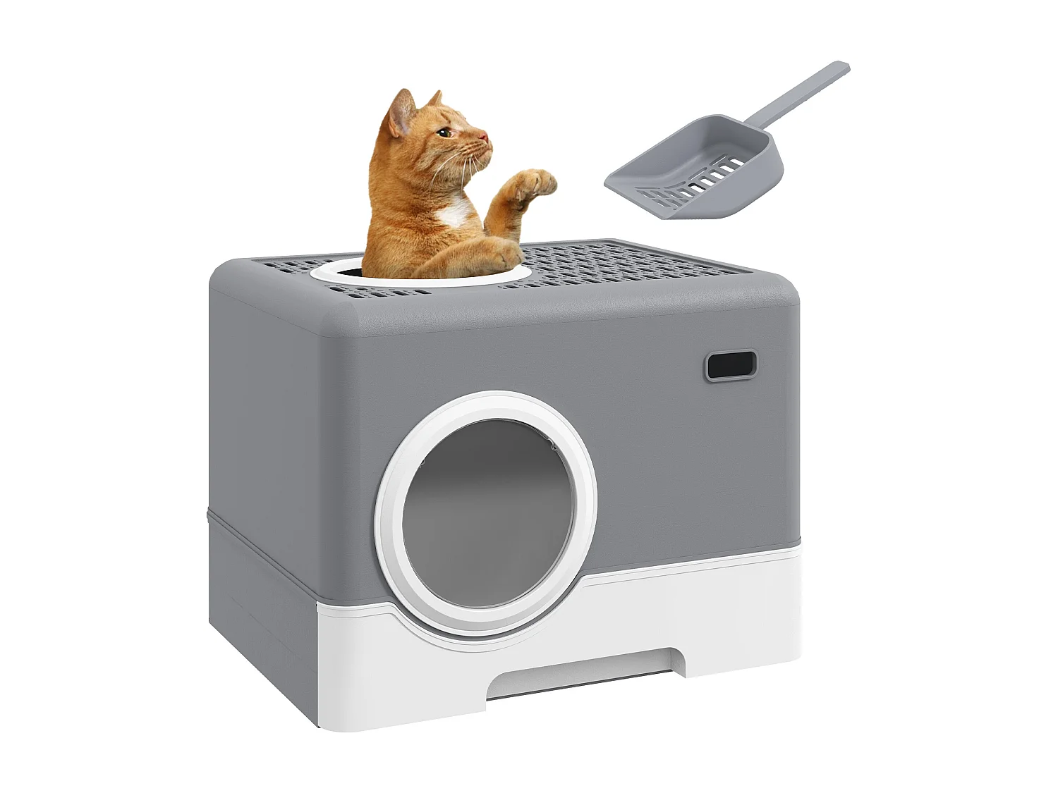 Maison de toilette chat porte battante et haute pelle PP gris blanc