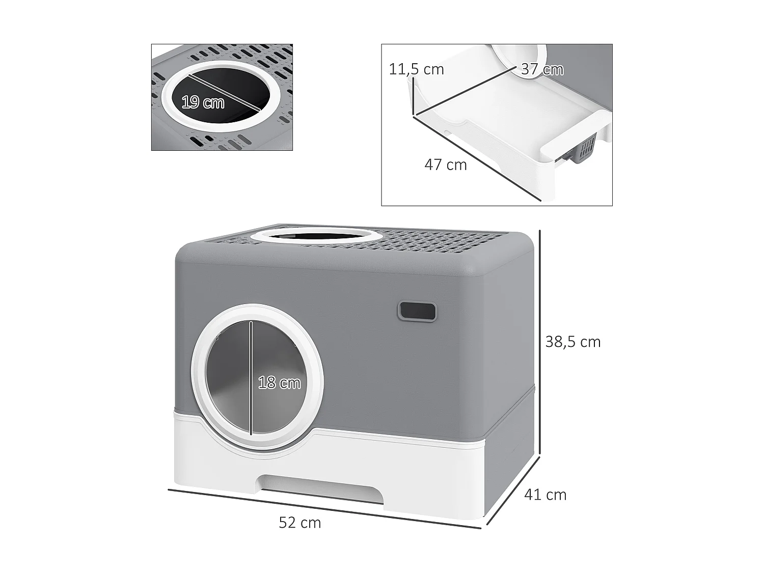 Maison de toilette chat porte battante et haute pelle PP gris blanc