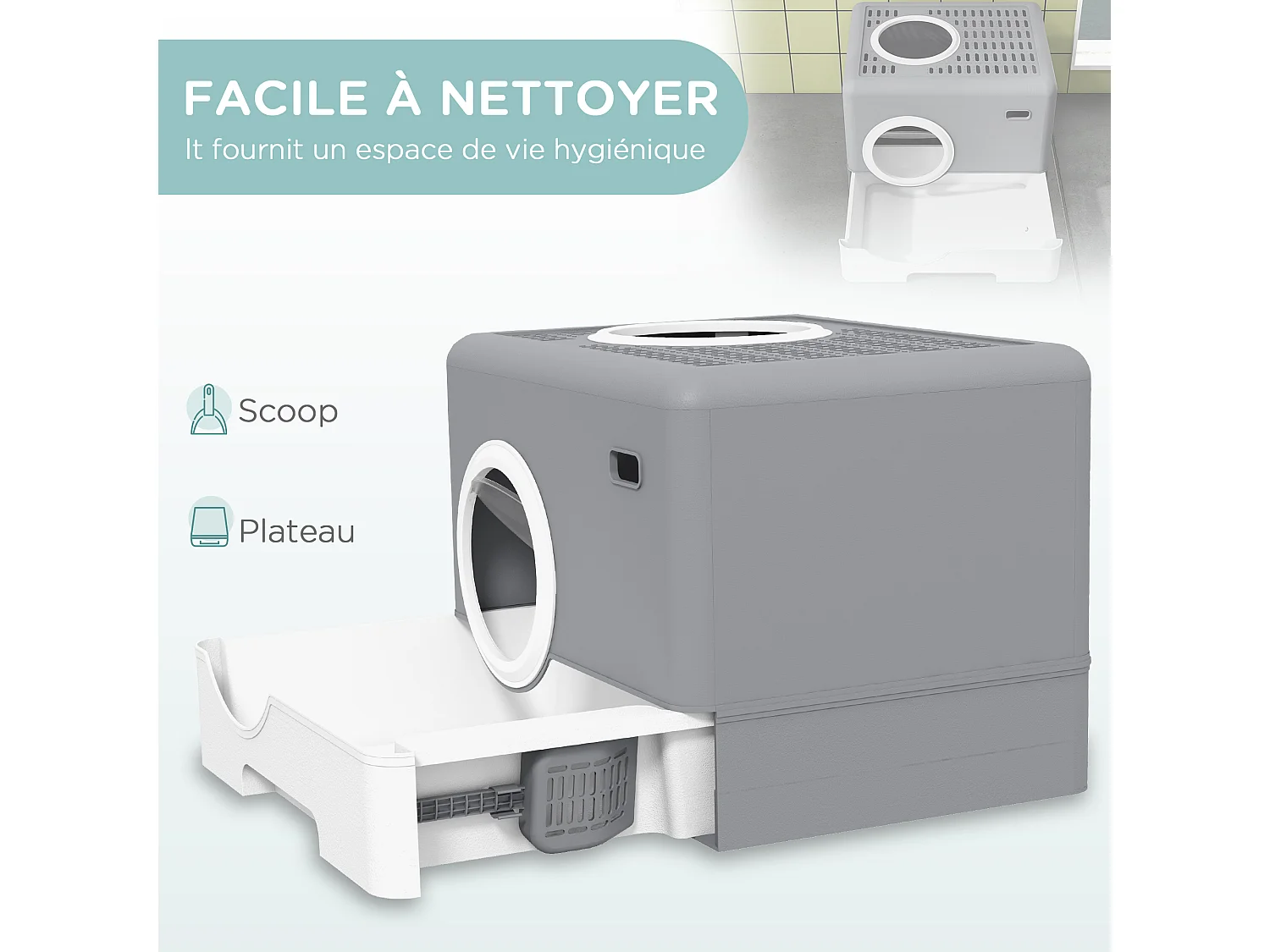 Maison de toilette chat porte battante et haute pelle PP gris blanc