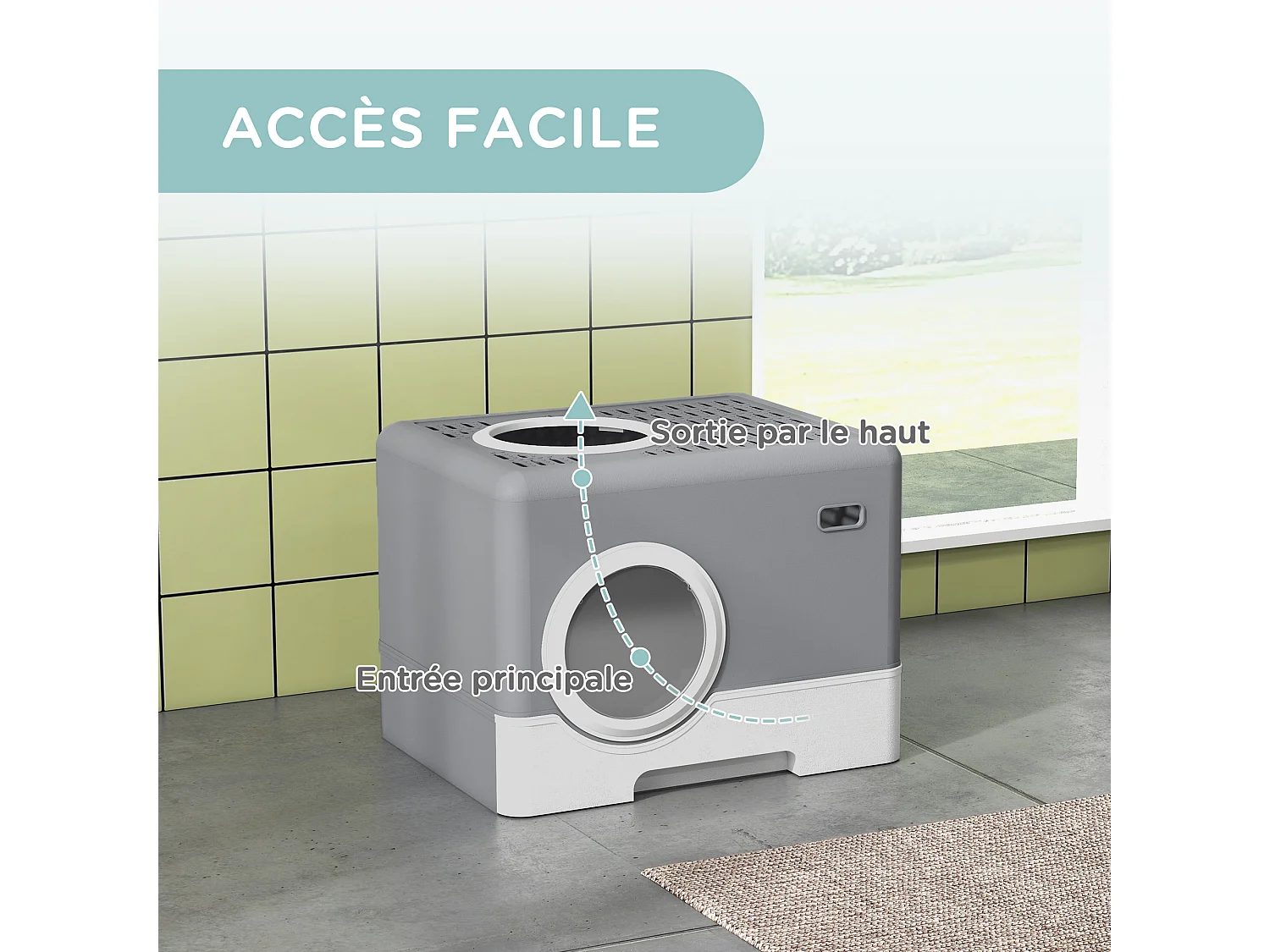 Maison de toilette chat porte battante et haute pelle PP gris blanc