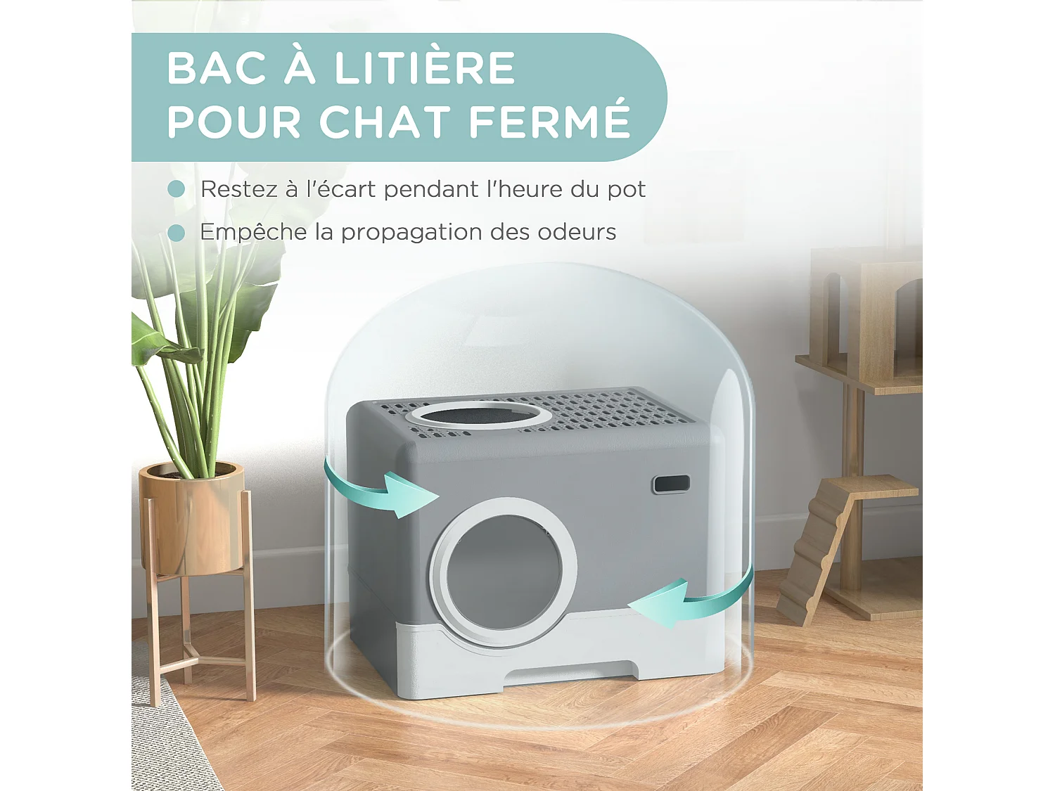 Maison de toilette chat porte battante et haute pelle PP gris blanc