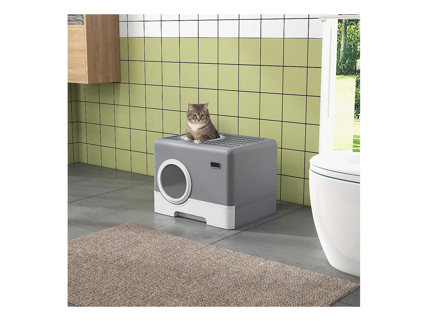 Maison de toilette chat porte battante et haute pelle PP gris blanc