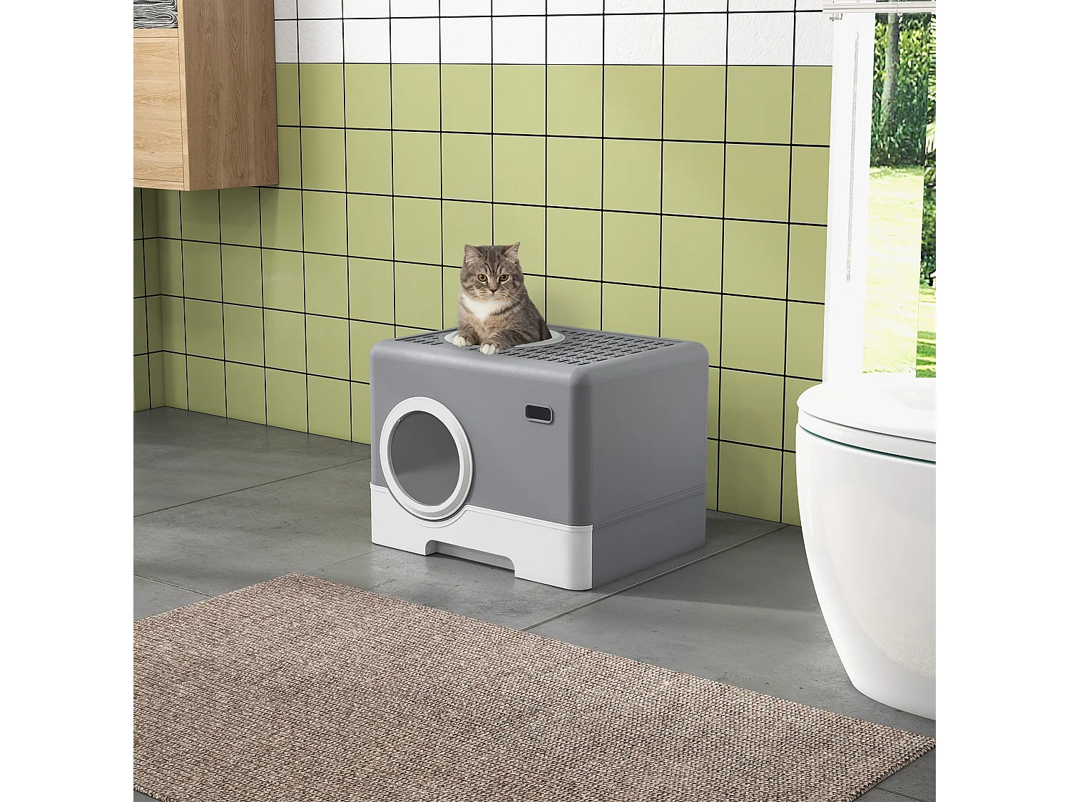 Maison de toilette chat porte battante et haute pelle PP gris blanc
