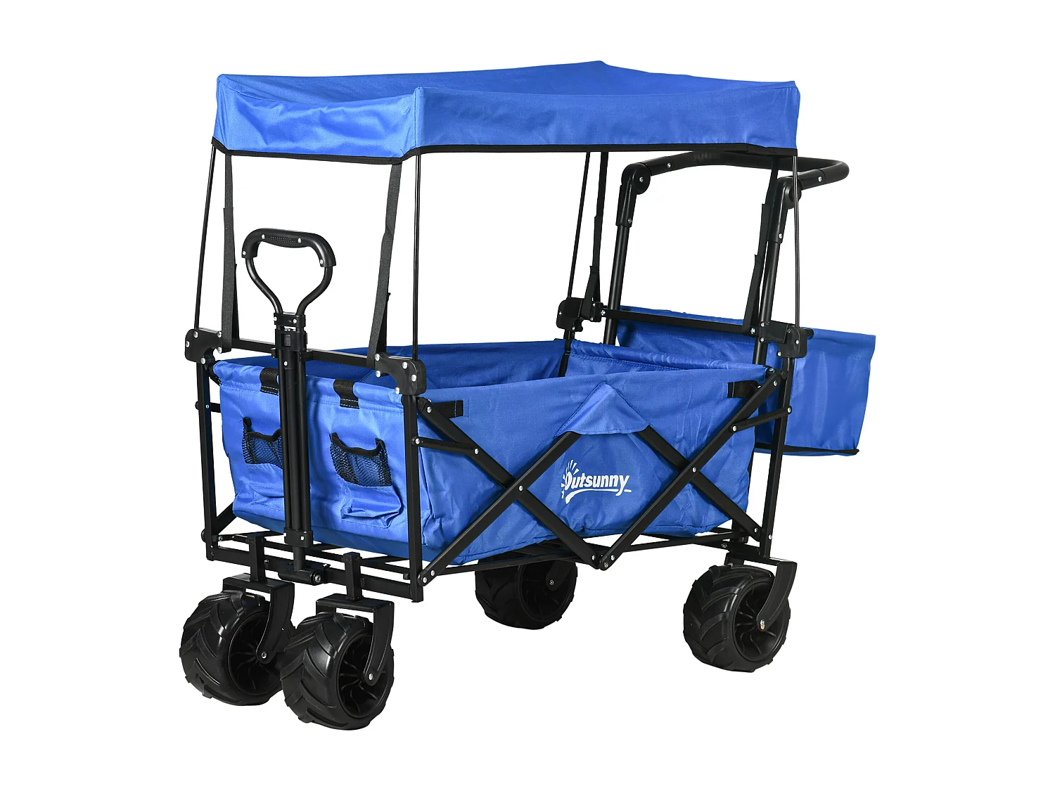 Chariot pliant avec toit, poignée, panier - chariot de plage - chariot de transport pliable tout-terrain métal noir oxford bleu