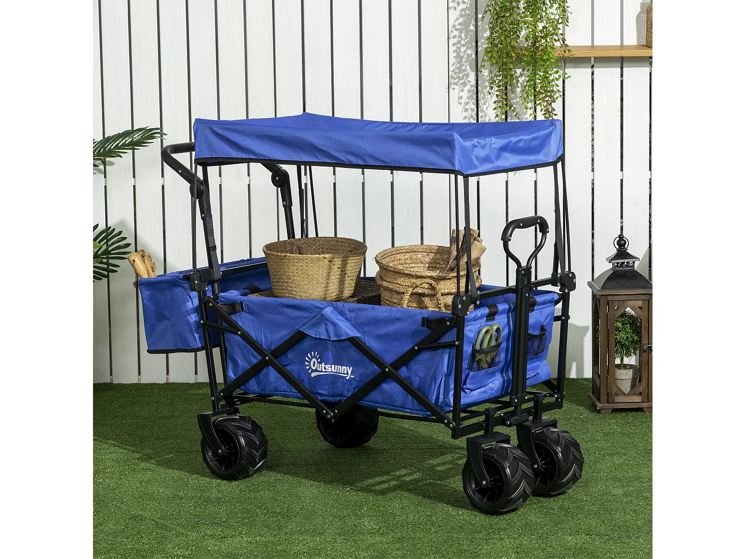 Chariot pliant avec toit, poignée, panier - chariot de plage - chariot de transport pliable tout-terrain métal noir oxford bleu