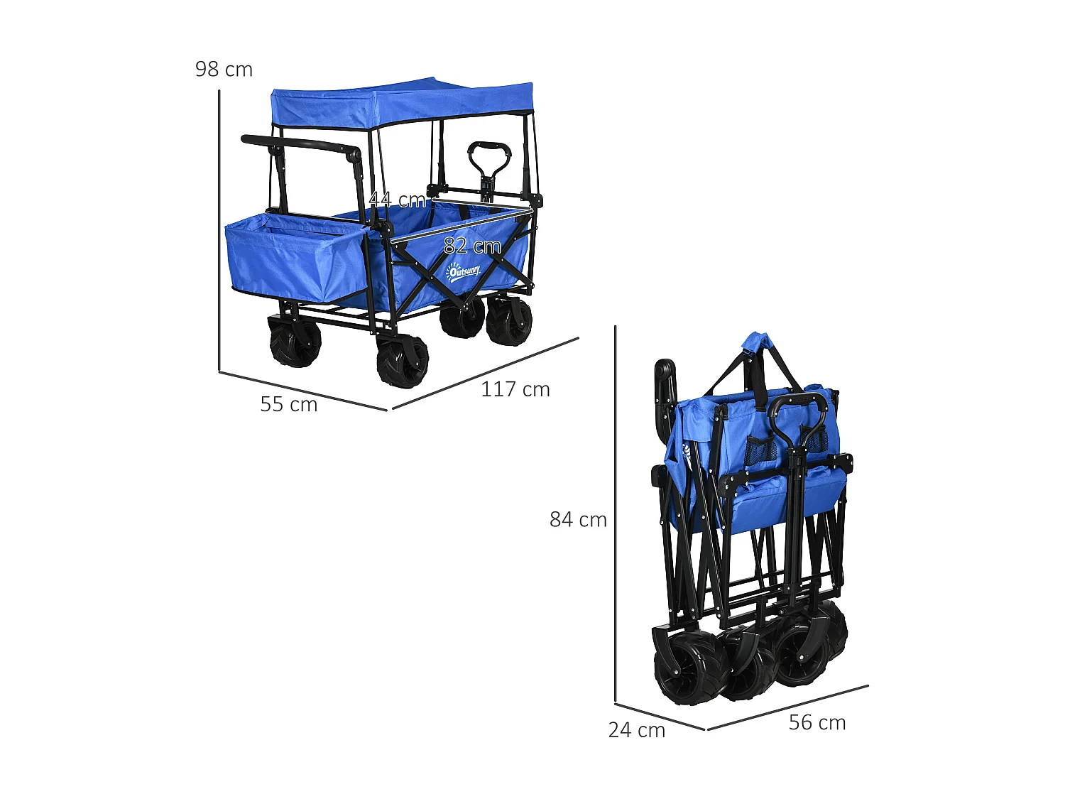 Chariot pliant avec toit, poignée, panier - chariot de plage - chariot de transport pliable tout-terrain métal noir oxford bleu