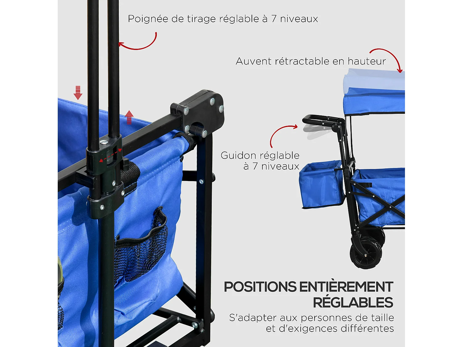 Chariot pliant avec toit, poignée, panier - chariot de plage - chariot de transport pliable tout-terrain métal noir oxford bleu