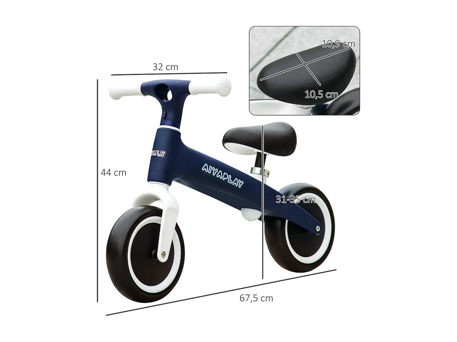 Draisienne vélo enfant 18-36 mois - selle réglable, poignées antidérapantes, roues mousse increvables - blanc bleu marine