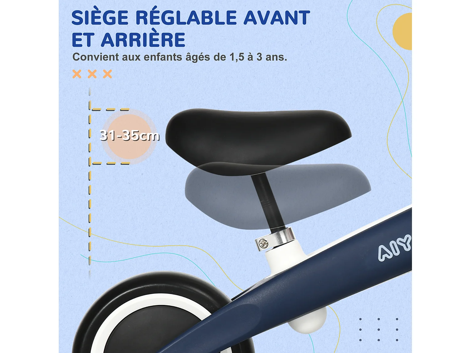 Draisienne vélo enfant 18-36 mois - selle réglable, poignées antidérapantes, roues mousse increvables - blanc bleu marine