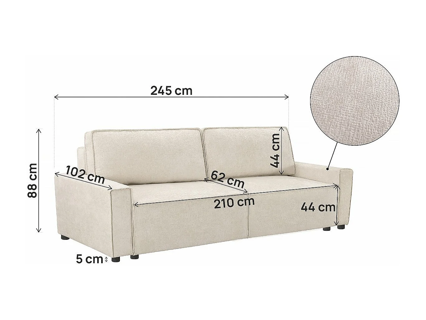 Divano trasformabile dritto in tessuto ciniglia "Montaigne" - 3 posti - Beige