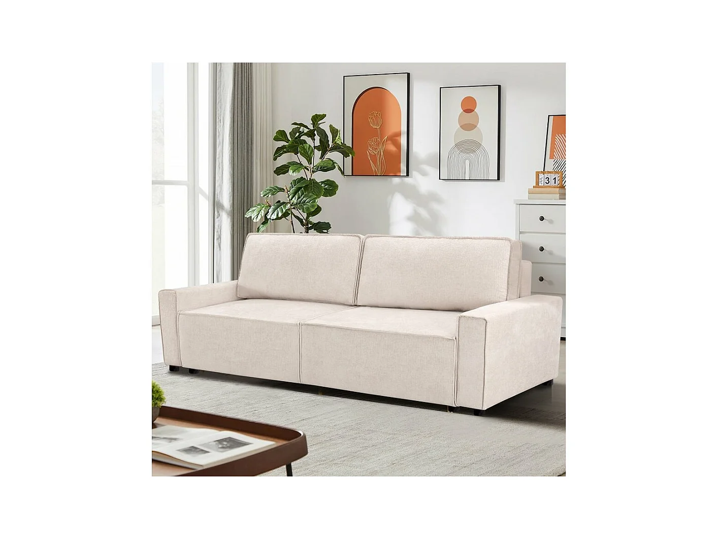 Canapé droit convertible en tissu chenille "Montaigne" - 3 places -  Beige