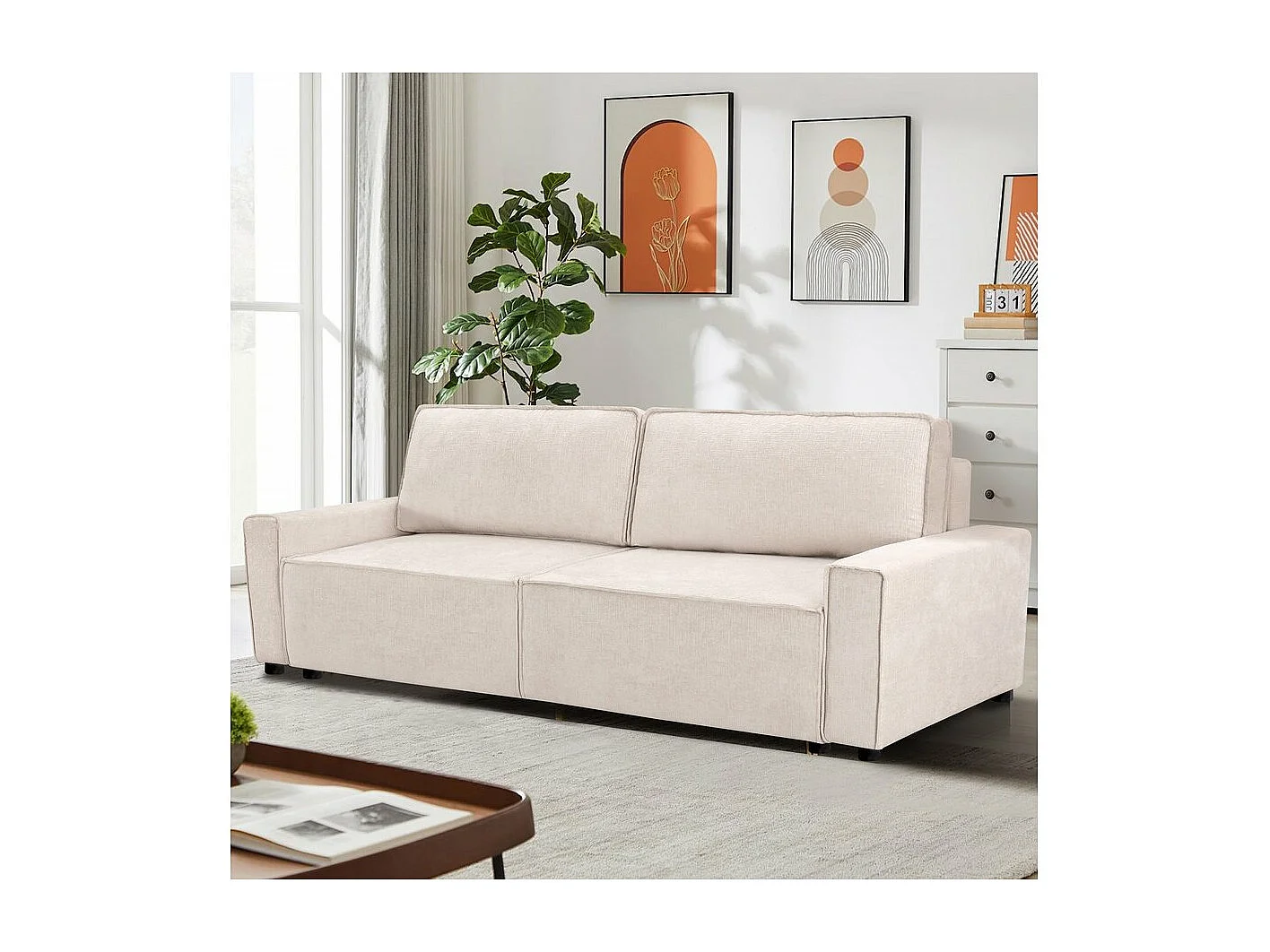 Canapé droit convertible en tissu chenille "Montaigne" - 3 places -  Beige