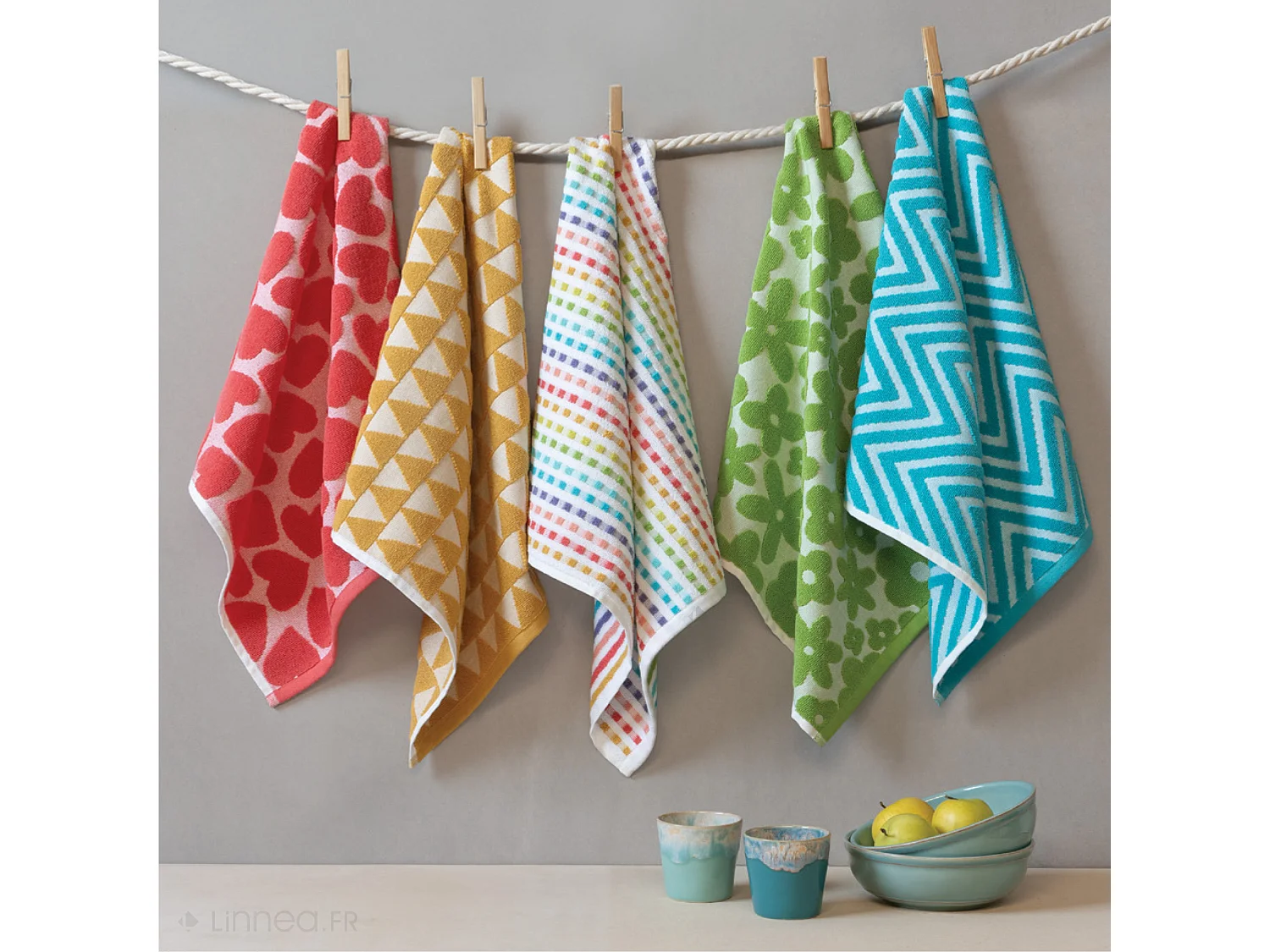 Lot de 2 torchons de cuisine 50x50 cm coton SHAPES motif quadrillés multicolore